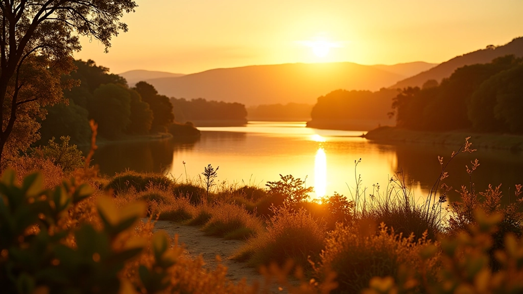 Río Paraná visto desde el mirador en la Barranca Verde, con luz dorada de la tarde y vegetación en primer plano