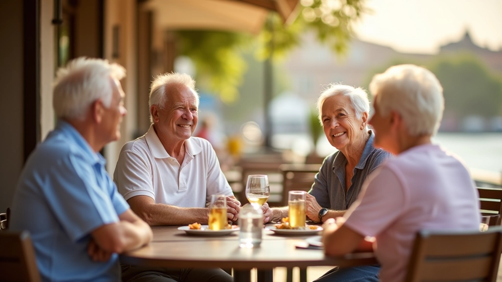 Personas de edad adulta sentadas en una mesa de café al aire libre, sonriendo y conversando después de un paseo