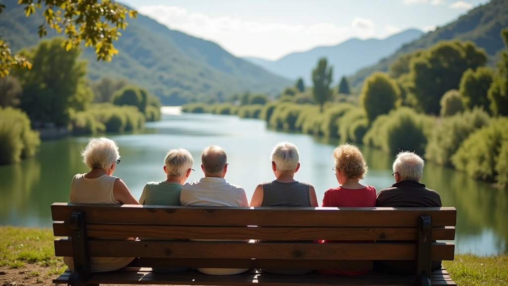 Grupo de personas jubiladas descansando en un banco de madera junto a la barranca con vistas al río