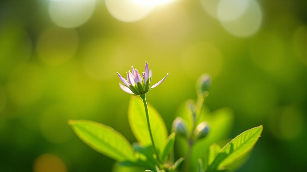 Primer plano de hojas verdes y flores nativas de la región del litoral, con luz natural filtrada