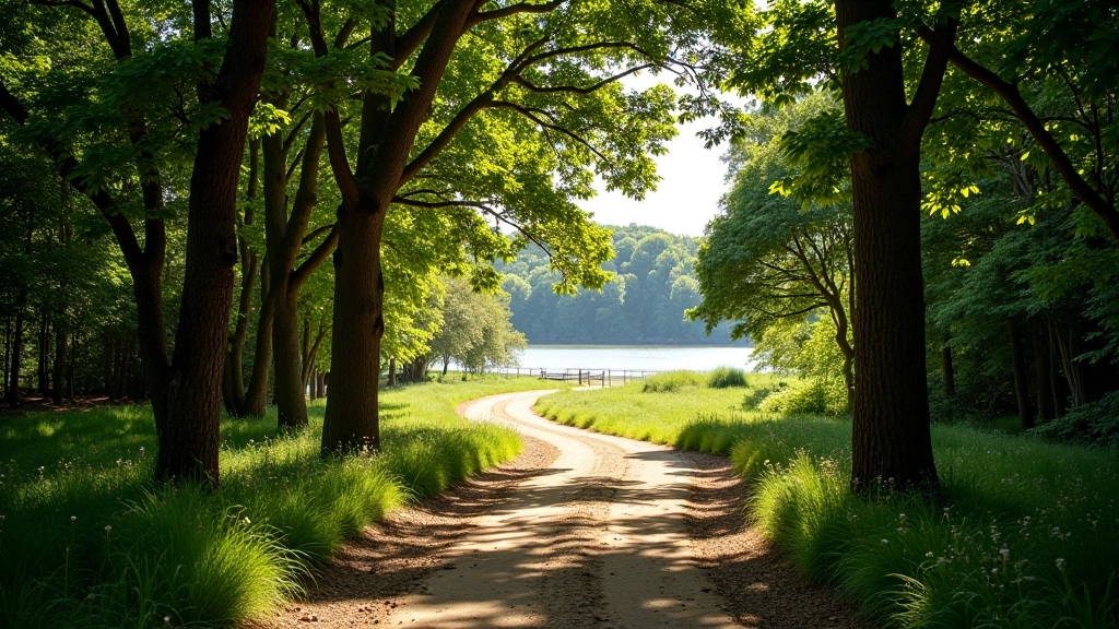 Sendero de tierra entre árboles nativos con el río visible al fondo en Rosario