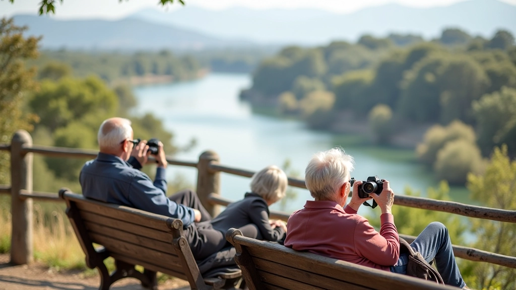 Personas descansando en bancos de un mirador, contemplando el río con binoculares y cámaras fotográficas