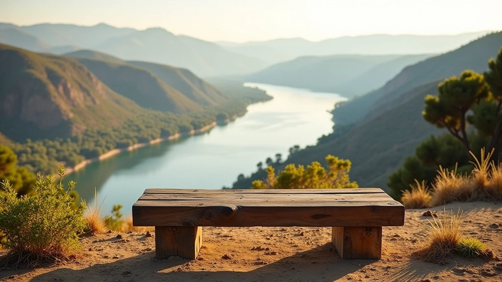 Banco de madera rústico en un mirador de la barranca con vista panorámica del río, luz natural matutina