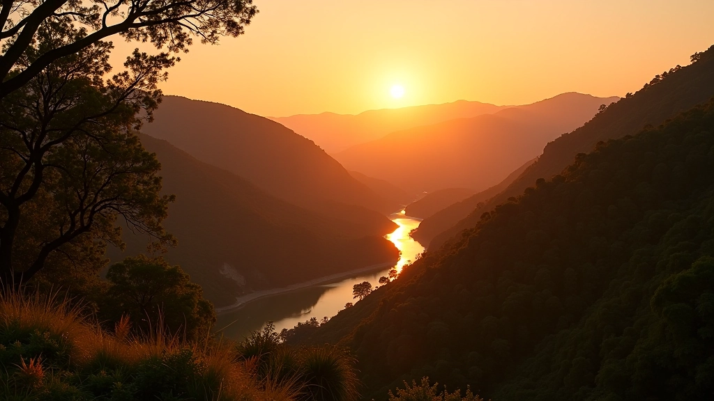 Atardecer espectacular sobre el Río Paraná visto desde un mirador con vegetación circundante