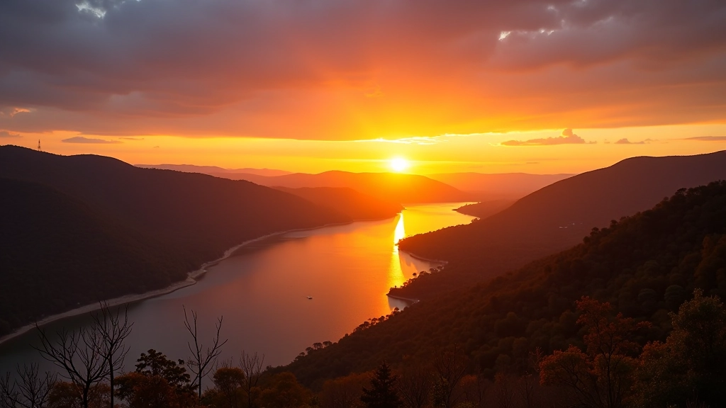 Atardecer espectacular en el Río Paraná visto desde un mirador de Rosario con cielo dorado y reflejos en el agua
