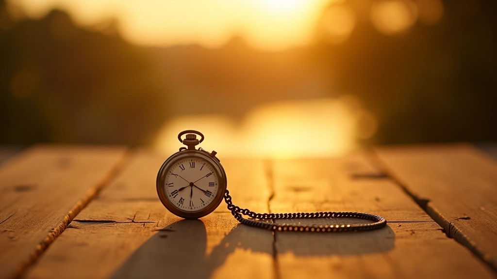 Reloj de bolsillo vintage sobre una mesa de madera con luz dorada del atardecer, representando el timing perfecto para observar