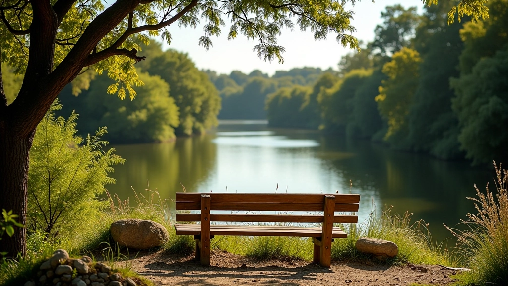 Banco de madera en el sendero con vista al río Paraná y vegetación nativa alrededor