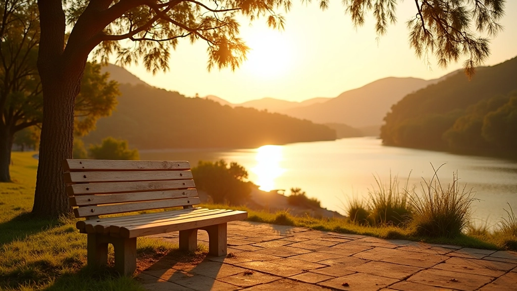 Bancos de descanso con vista al río en el Mirador de los Poetas, tarde con cielo despejado